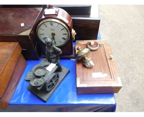 RAPPORT TEAK CASED MANTEL CLOCK, A FURTHER SPELTER FIGURE OF A FISH SELLER AND AN EASTERN HARDWOOD KEY BOX 