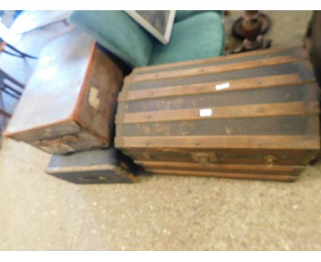 BLUE REXINE TRUNK WITH BEECHWOOD BANDING TOGETHER WITH A LEATHER TRUNK AND A FURTHER DOME TOP TRUNK (3) 