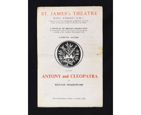 Signed programme for the first performance of 'Antony and Cleopatra', directed by Laurence Olivier at St. James's Theatre, Lo