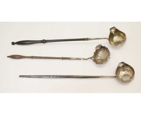 George III silver toddy ladle, sponsor's mark of William Cripps, London 1763, together with two unmarked white metal examples