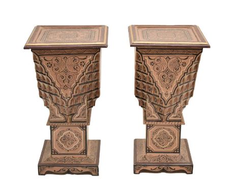 Pair of Moroccan painted side tables or lamp stands, each with square top on intricate column support, with gilt, black and w