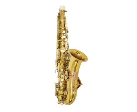 Vintage brass saxophone, engraved 'YORK, Grand Rapids, Michigan, U.S.A.', in carrying case