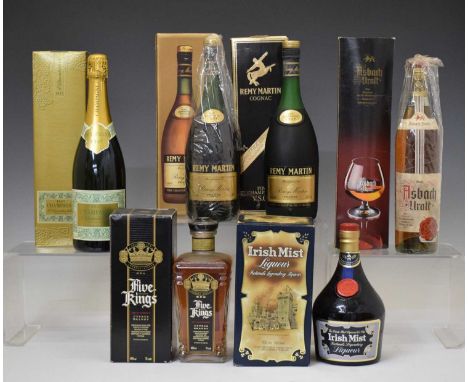 Remy Martin Fine Champagne V.S.O.P Cognac, 2 bottles, Asbach Uralt, 1 bottle, Irish Mist liqueur, 1 bottle, Five Kings Cyprus