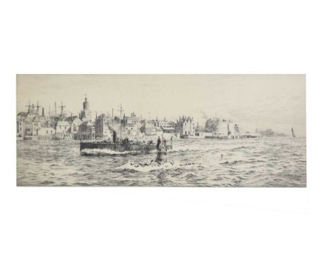 William Lionel Wyllie RA RWS (1851-1931) - Signed etching - 'The Point Portsmouth', 13cm x 35cm, gilt framed under glass