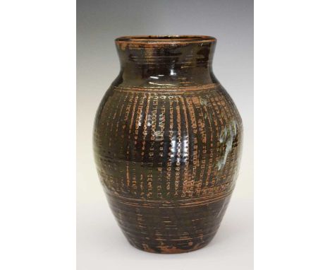 Studio pottery - Svend Bayer (b.1946) for Winchcombe Pottery, stoneware vase, ovoid with flared neck, tooled striated decorat