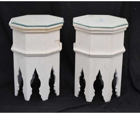 Pair of Moroccan white painted octagonal side tables or lamp stands, with glass tops, 44cm diameter x 60cm high