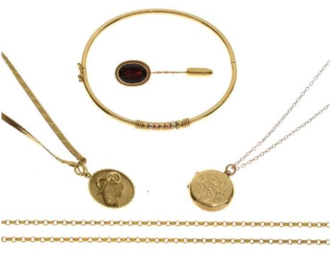 Small group of 9ct gold jewellery comprising a 'Hopes &amp; Dreams' bangle with multi-coloured gold beads, a circular locket 