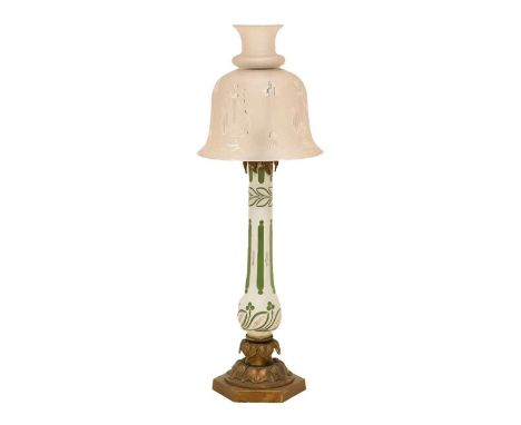 Late 19th or early 20th century lamp, the green glass lamp with white overlay painted with floral sprigs, with gilt metal fol