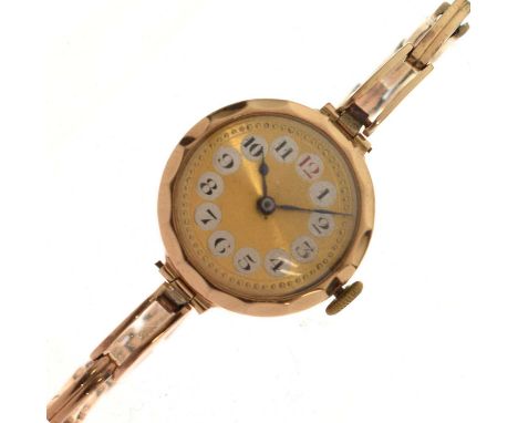 Lady's mid 20th century 9ct gold wristwatch, the gilt circular dial with cellular Arabic chapter ring, Swiss 15-jewel manual-