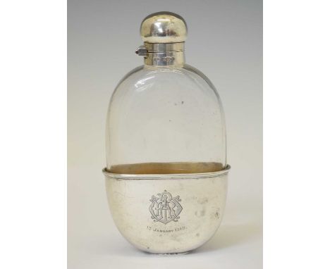 Edward VII silver mounted glass hip flask bearing engraved presentational inscription relating to Mr R.W Radmore, Cleobury Mo