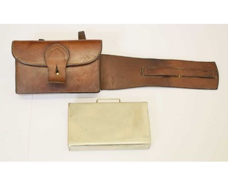 Hunting Interest - Early 20th century hunter's silver-plated sandwich box or tin, 13cm wide, in original leather case with ha
