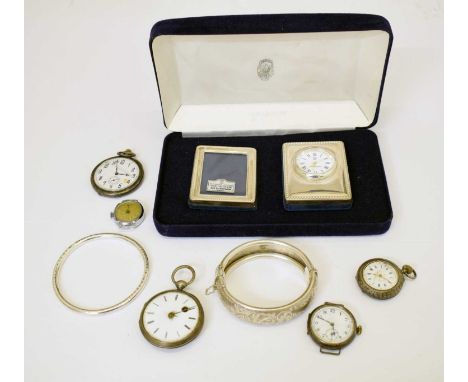 Two silver open-face pocket watches, a fob watch, two wristwatch heads (to include one silver Trench-style with Swiss movemen