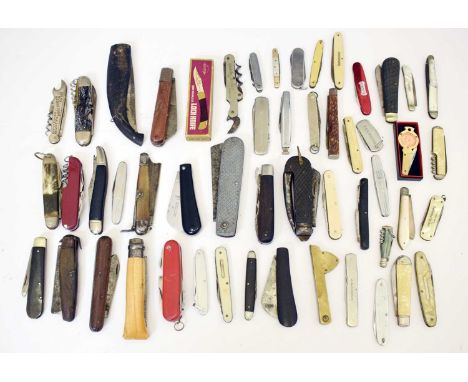 Collection of assorted folding pocket knives, Swiss Army knives, pen knives, silver-bladed fruit knife, etc to include exampl
