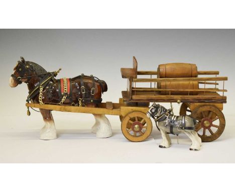 Vintage porcelain model of a shire horse and wagon, together with a small porcelain model of a grey shire horse, 55cm x 23cm 