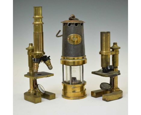 Patterson Lamp Ltd, Gateshead on Tyne miners safety lamp, 102, together with two brass E. Leitz Wetzlar microscopes, no. 2484