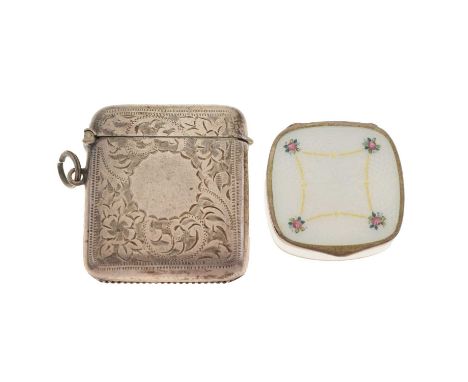 Silver guilloche enamel patch or pill box, of cushion form with hinged cover, decorated with pink roses, wavy radiating and b