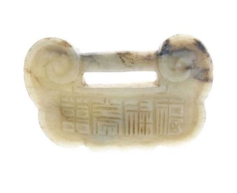 Chinese celadon jade carving of 'lock' form, carved to one side with four seal characters, to the other with peach symbolisin