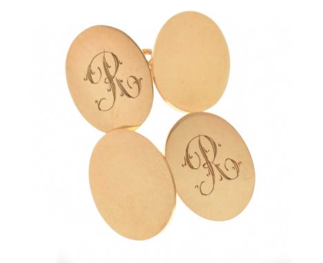 Pair of 9ct gold oval cufflinks, part initialled in script 'R', 12.2g approx