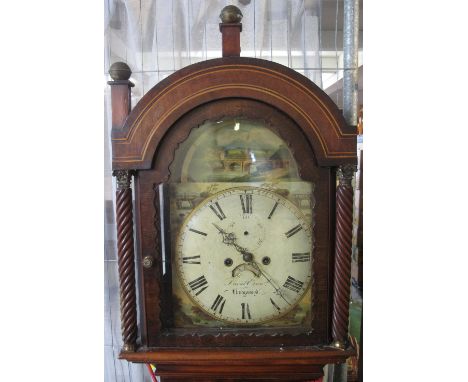 19TH CENTURY WELSH MAHOGANY 8 DAY LONGCASE CLOCK the face overall inlaid and having spiral corinthian columns, arched hood wi