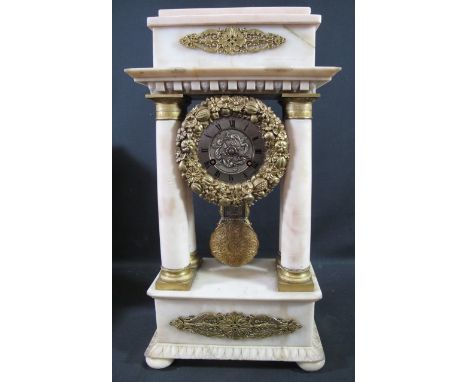 EARLY 19TH CENTURY FRENCH WHITE ALABASTER ORMOLU MOUNTED PORTICO CLOCK having foliate gilt metal mounts, the silvered dial wi