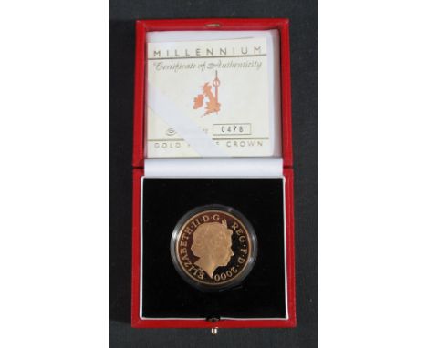22CT GOLD MILLENNIUM YEAR 2000 £5 PROOF COIN, a limited edition of 2500. In original case with certificate of authenticity an