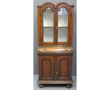 19TH CENTURY DUTCH MARQUETRY TWO STAGE CABINET having double arch cornice above inlaid flower heads and foliage with two glaz