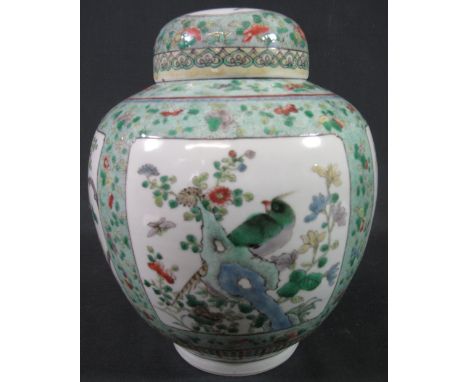 FINELY POTTED AND PAINTED CHINESE PORCELAIN LIDDED GINGER JAR AND COVER in Kangxi style with famille verte enamels depicting 