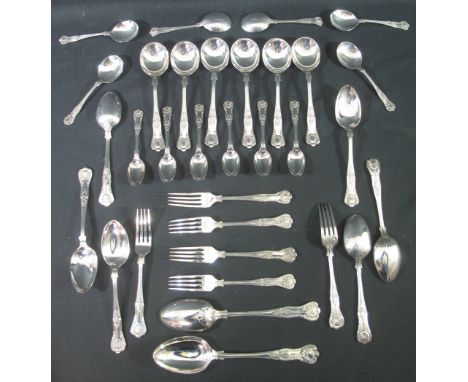 A SET OF SILVER KINGS PATTERN CUTLERY for six place settings to include; dinner forks, soup spoons, dessert spoons, pudding s