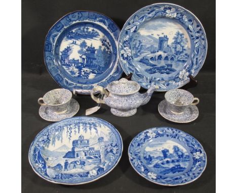 A GROUP OF 19TH CENTURY BLUE AND WHITE TRANSFER PRINTED SWANSEA POTTERY ITEMS to include; baluster shaped castle design jug (