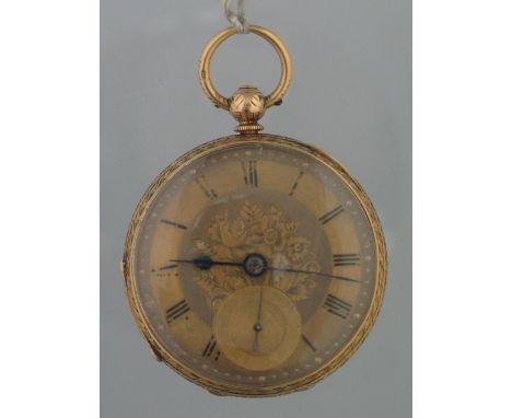 19TH CENTURY 18CT GOLD OPEN FACED FANCY KEY WIND POCKET WATCH having foliate engraved case and engine turned face with Roman 
