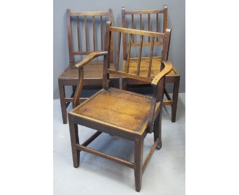 SET OF SIX 19TH CENTURY OAK FARMHOUSE STICK AND REEDED BACK KITCHEN CHAIRS on square tapering legs and stretcher supports.  (