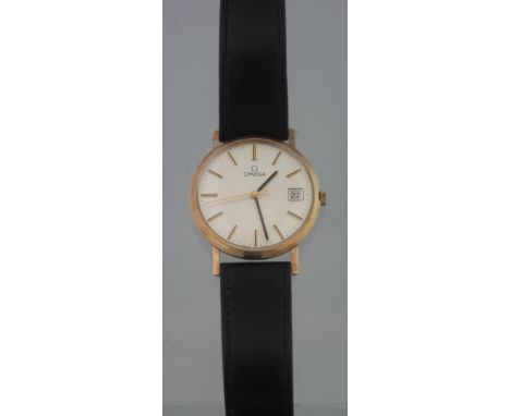 OMEGA GOLD GENT'S OPEN FACED AUTOMATIC WRISTWATCH having satin face with baton numerals, sweep second hand and date aperture 