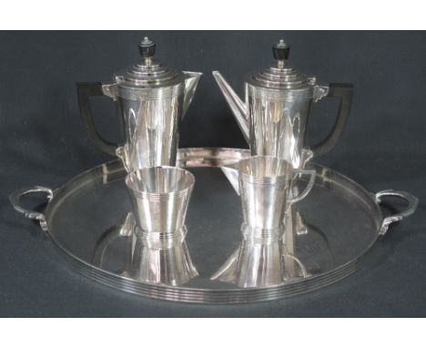 A MAPPIN & WEBB ART DECO SILVER PLATED COFFEE SET of conical geometric stepped form, to include; coffee pot, water jug, cream