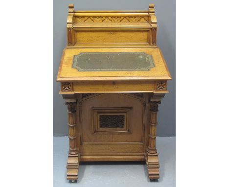 VICTORIAN SATIN BIRCH DAVENPORT DESK in the manner of Pugin, having raised super structure with hinged cover revealing ink we