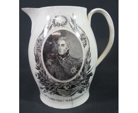19TH CENTURY CREAMWARE POTTERY BALUSTER SHAPED JUG transfer printed with a portrait panel of 'The Rt.Hble.Lord Visct. Welling