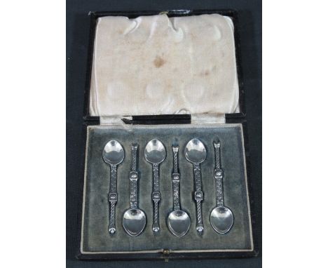 SET OF SIX SILVER IONA NUNNERY COFFEE/DEMI SPOONS in fitted case by Alexander Ritchie Birmingham 1937, the handles embossed w