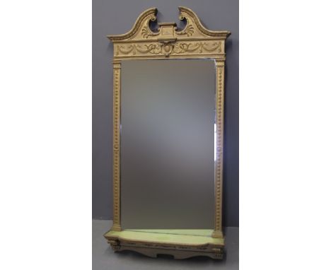 19TH CENTURY GESSO FRAMED PIER GLASS having broken swan neck pediment above moulded scroll and classical beaded decoration. H