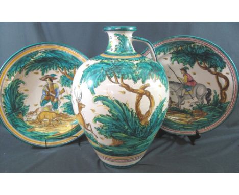 A DECORATIVE GROUP OF ITALIAN MAIOLICA POTTERY ITEMS to include; large baluster shaped jar or vase decorated with hunting sce