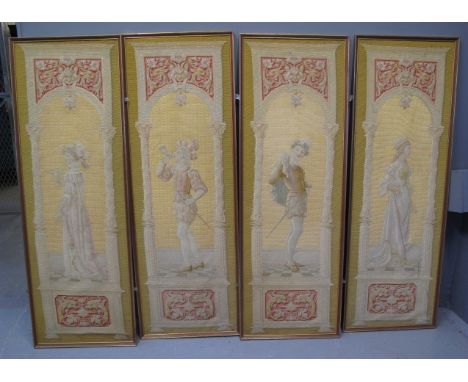 GROUP OF FOUR FRAMED MEDIEVAL DESIGN AUBUSSON STYLE WOOL TAPESTRY PANELS decorated with medieval figures in arched architectu