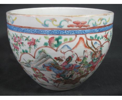 19TH CENTURY CHINESE PORCELAIN FAMILLE ROSE ENAMEL DECORATED FISH BOWL, with cartouches of mounted and running figures engage