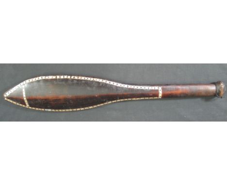 SOLOMON ISLANDS PADDLE SHAPED HARDWOOD WAR CLUB with turned handle and knop, the blade with inlaid geometric mother of pearl 