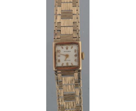 9CT GOLD ROLEX BRACELET WRISTWATCH, having square face with baton and Arabic numerals, bark finished panelled integral Rolex 