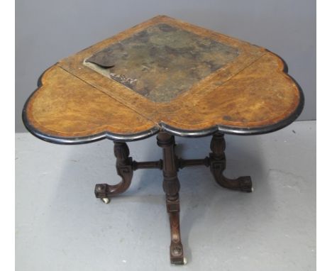 LATE VICTORIAN WALNUT INLAID AND CROSS BANDED EBONISED LADIES DROP LEAF WRITING TABLE with shaped flaps and leather inset top