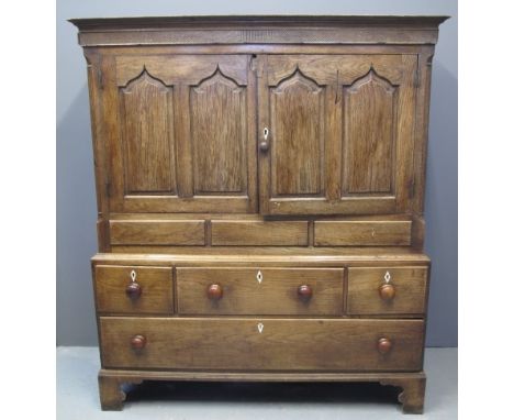 EARLY 19TH CENTURY OAK CARMARTHENSHIRE LOW PRESS CUPBOARD having moulded cornice above two blind panelled doors with four mou