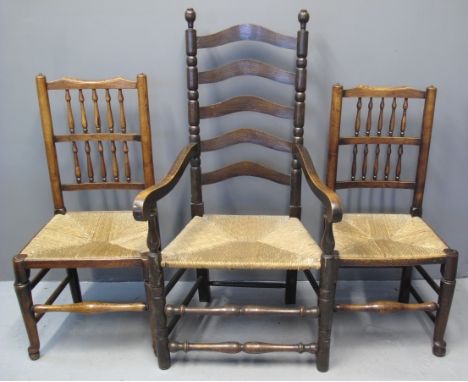 SET OF SIX 19TH CENTURY BEECH FARMHOUSE LANCASHIRE SPINDLE BACK KITCHEN CHAIRS on rush seat, standing on turned tapering legs