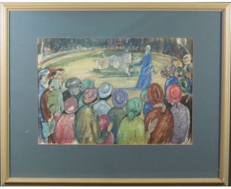 VERA BASSETT (Welsh, Pontarddulais, 1912-1997), circus scene with many figures in hats and horses in the ring, signed, pastel