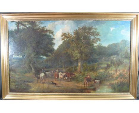 SAMUEL JOSEPH CLARK (British 1834-1912), cattle drover on a lane with cattle, donkey, dog, distant cottage and sheep in a nea