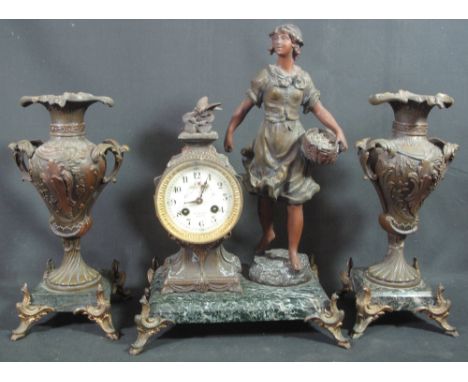 LATE 19TH CENTURY FRENCH BRONZED SPELTER CLOCK GARNITURE, the drum head clock with ceramic face having Arabic numerals and pa