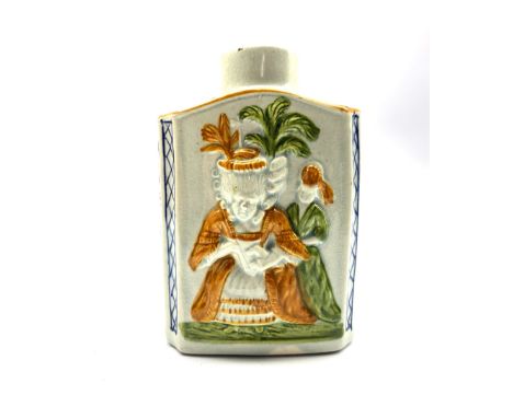 Pratt Ware style tea caddy decorated in relief with Macaroni figures, initialled B to the base, H13cm - Condition Report 
