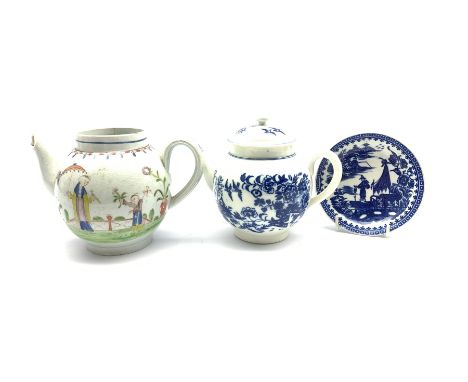 Group of 18th century porcelain comprising a Worcester Fisherman pattern saucer, Fence pattern teapot, probably Worcester or 